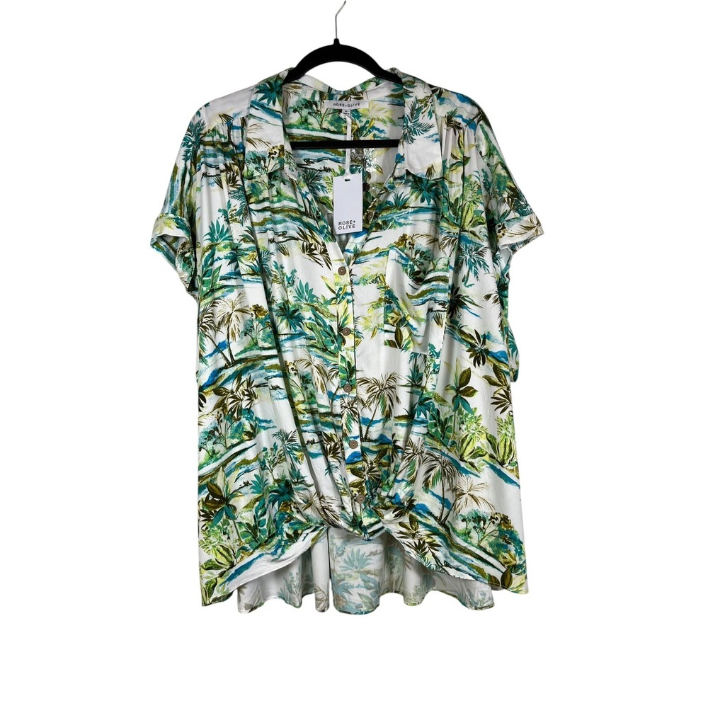 NWT Rose + Olive Sz 3X Blouse Tropical Button Up Top Twist Front Resort Beach